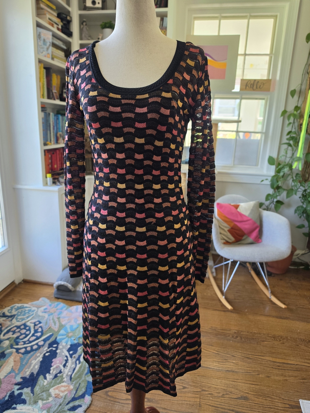 M by Missoni Black Knit Midi Dress with Pink & Gold Wave Pattern Size 40/US S